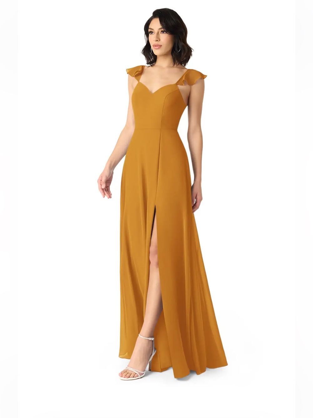 Azazie Mustard Ruffle-Shoulder Maxi Gown